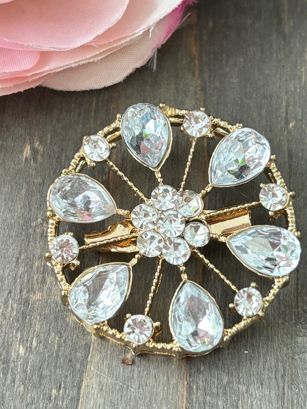 Vintage Round Rhinestone Brooch Gold Tone Statement Brooch